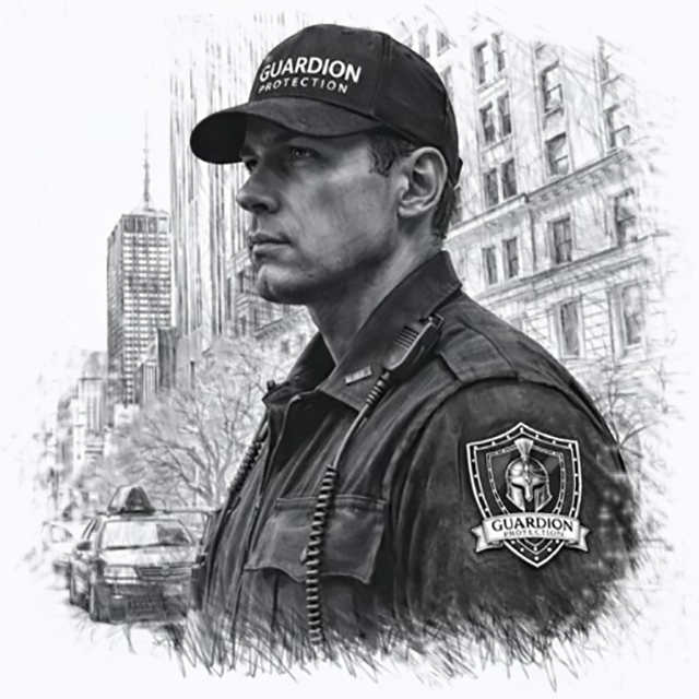 Guardian Protection Urban security services by Guardion Protection, featuring a guard in tactical gear in a city setting.