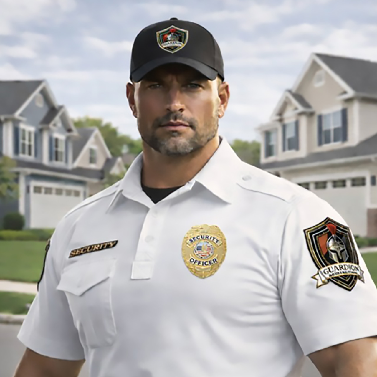 Guardion Protection residential security guard in a white polo uniform patrolling a neighborhood to ensure community safety and crime prevention.