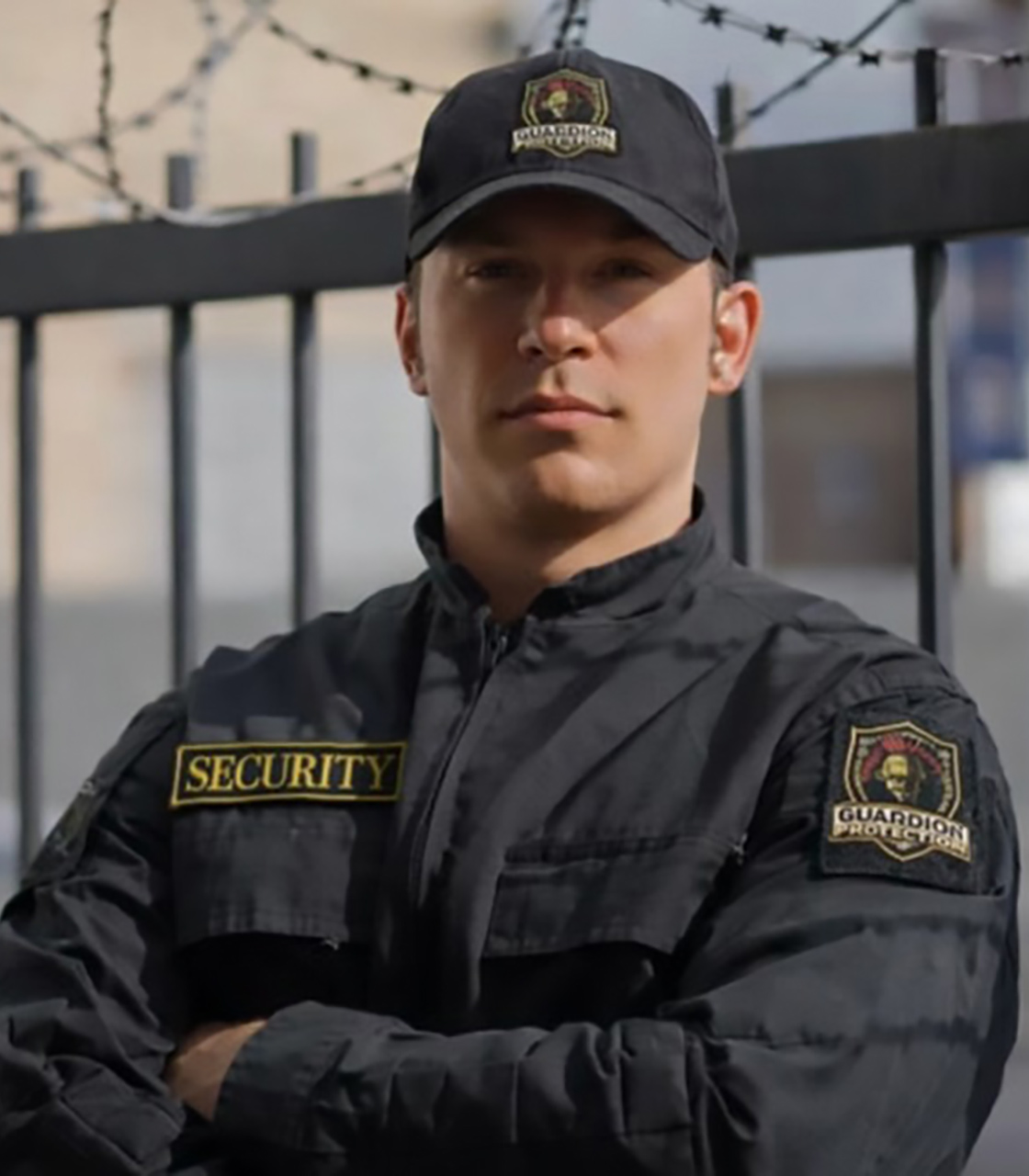 Guardian Protection Guardion Protection security guard monitoring restricted area and perimeter fencing.